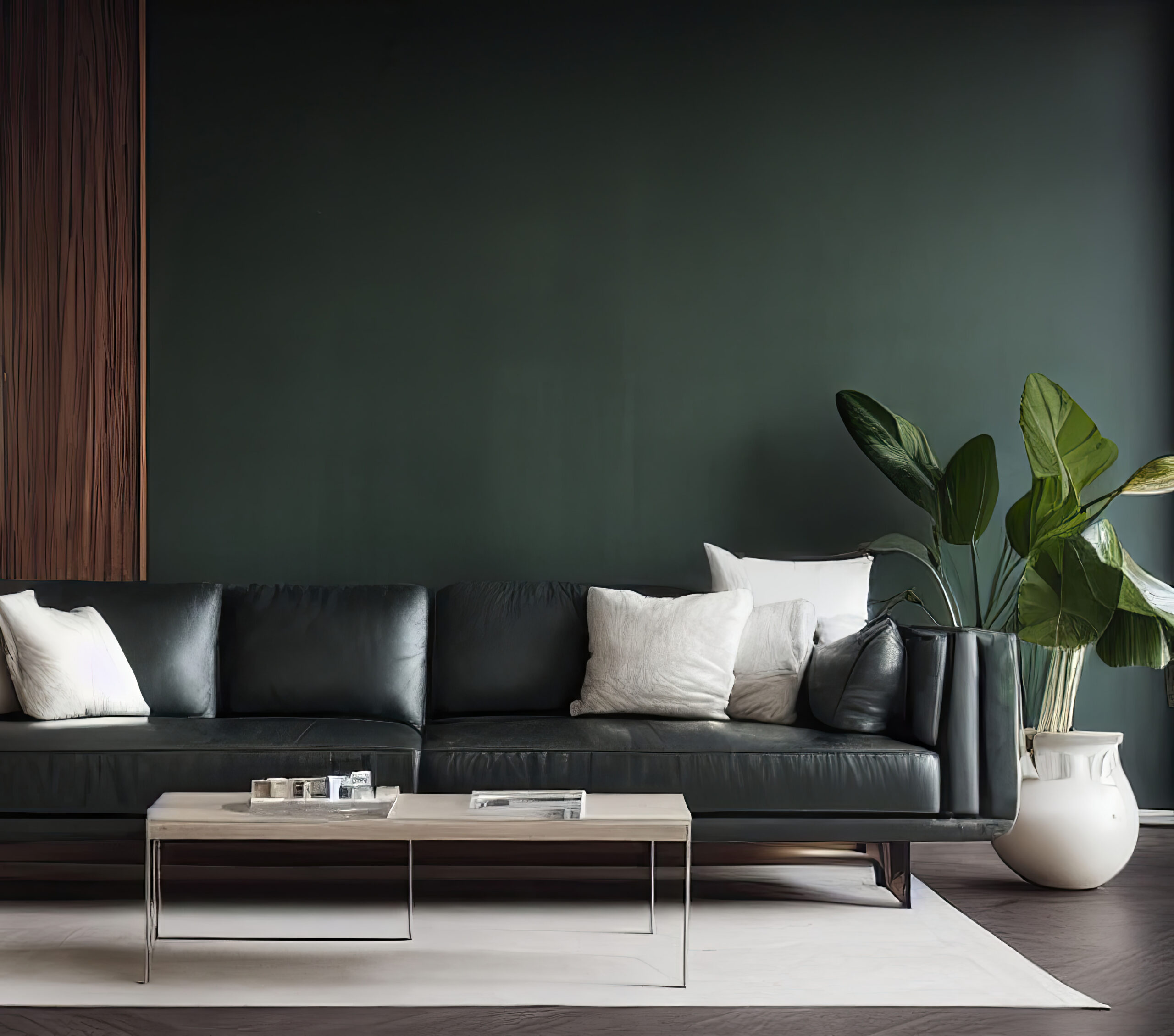 Modern living room design with dark green leather sofa set. Generative AI.
